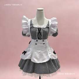 黑粉格女仆装日系可爱泡泡袖围裙大码胖mm显瘦Lolita连衣裙小众
