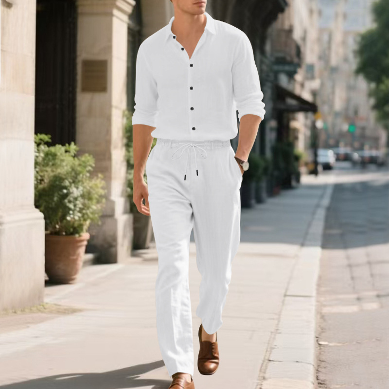 Herren Anzug Aus Leinen Mit Langarmhemd Und Hose Für Den Herbst_voghion.com