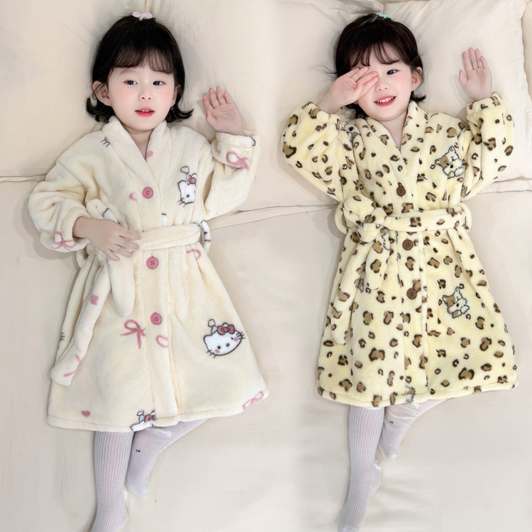 女童秋冬睡袍儿童可爱2025连帽法兰绒家居服浴袍女宝宝珊瑚绒睡衣|undefined