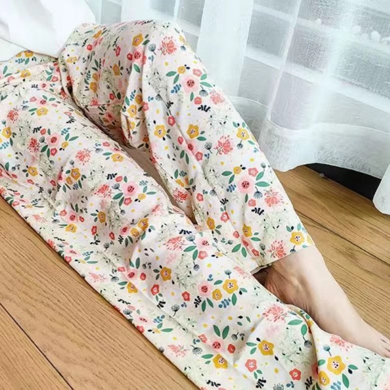 棉绸睡裤女士夏季薄款大码人造绵绸可外穿家居碎花长裤子直筒宽松|undefined