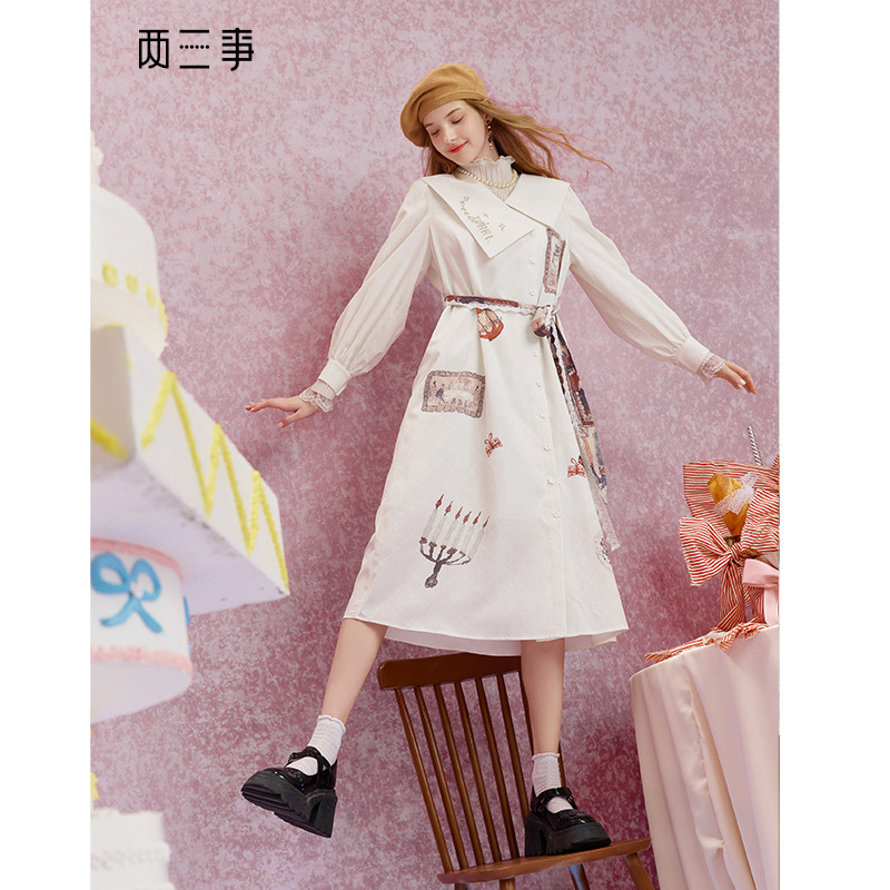 Two or Three Things Rotating Gallery 2025 Autumn New Sweet Print Embroidery Asymmetric Lapel Tie Dress