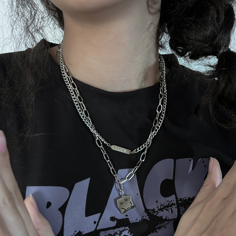 Double-Layer Letter Smiley Face Children's Necklace Men's Niche Design Sweater Chain Women's Trendy Versatile Street Dance Runway Accessory Double-Layer Letter Smiley Face Children's Necklace Men's Niche Design Sweater Chain Women's Trendy Versatile Street Dance Runway Accessory
