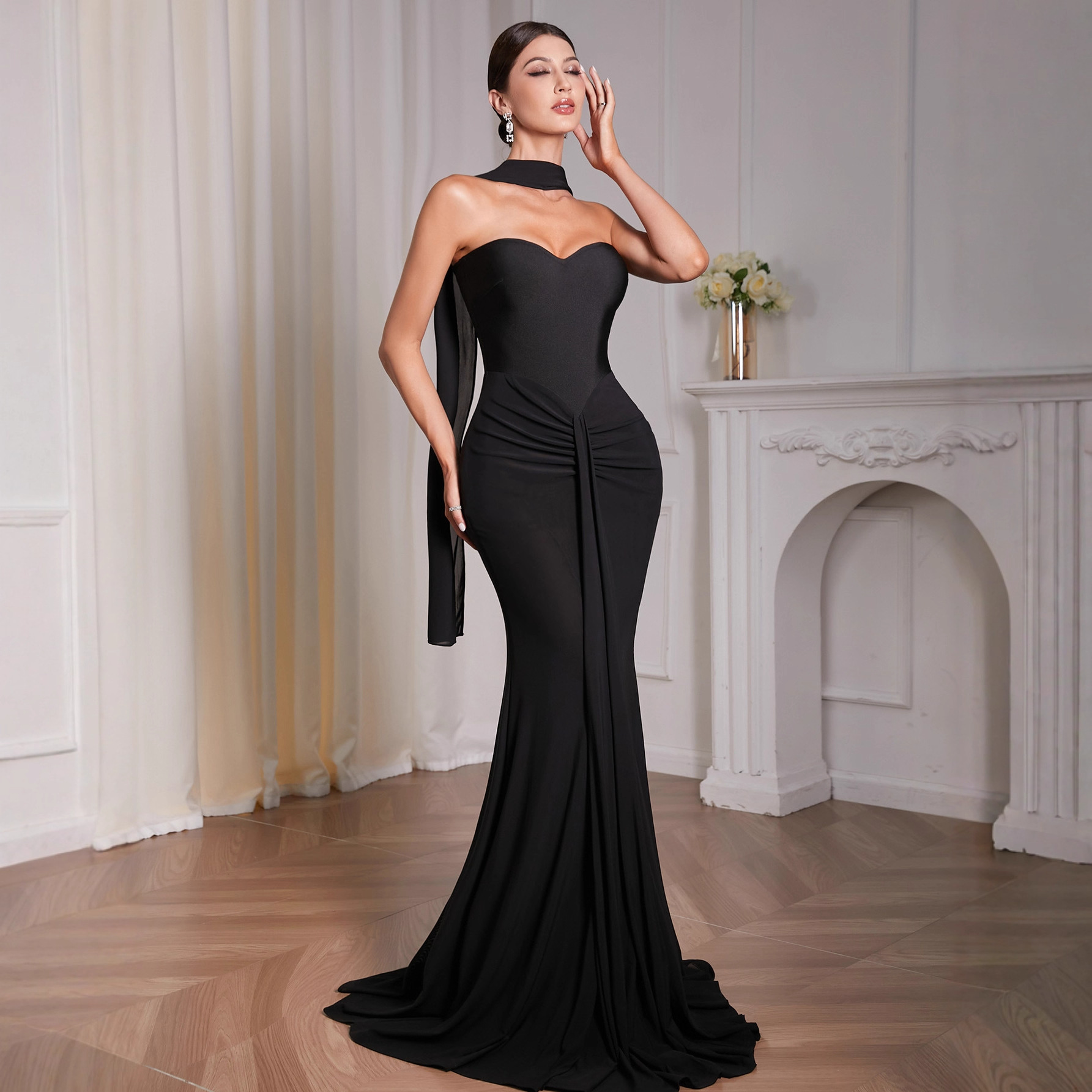 European and American Middle Eastern Elegant Elegant Tube Top Waist Bandage Skirt Floor-Length Mesh Long Skirt Streamer Long Fishtail Dress