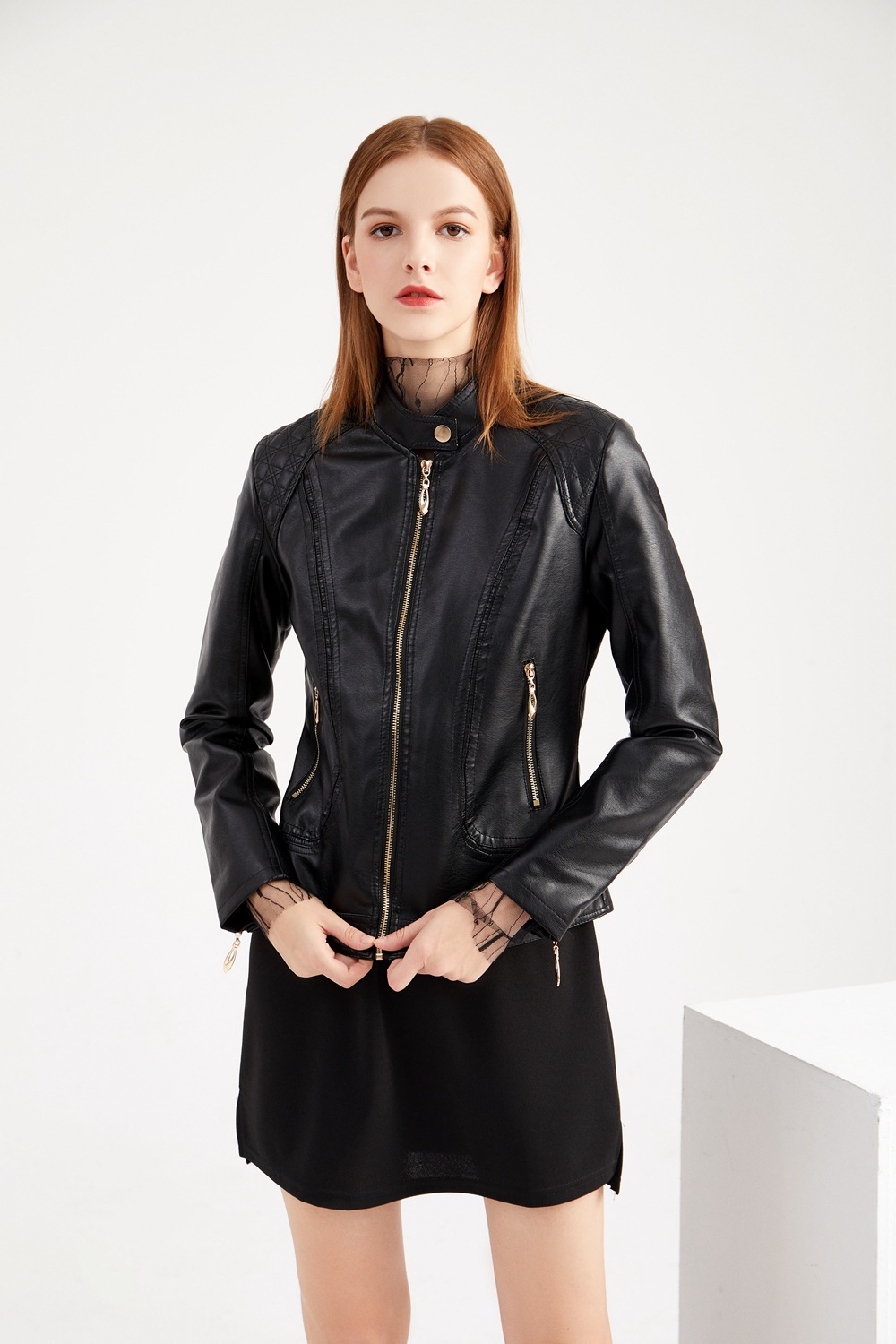 wholesale women s clothing Nihaostyles stand-up collar PU leather leather jacket  NSNXH67387