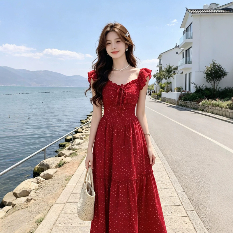 Red Backless Polka Dot Dress for Women, Summer Waist-Cinching Slimming Style, Long Beach Dress with a Seaside Resort Vibe