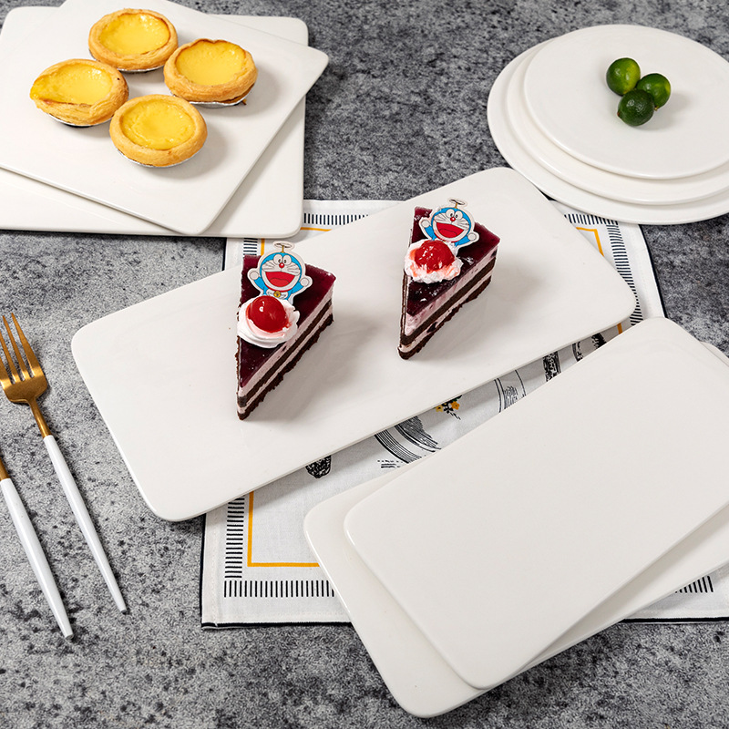 Ceramic Cake Plate Pure White Square Plate Dessert Display Dish Baking Tableware Buffet Round Swing Plate Long Square Plate