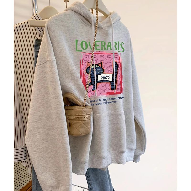 2026 New Popular Gray Hooded Pullover Sweatshirt for Women, Spring and Autumn, Lazy Style, American Loose Top, Hoodie Jacket 2026 New Popular Gray Hooded Pullover Sweatshirt for Women, Spring and Autumn, Lazy Style, American Loose Top, Hoodie Jacket