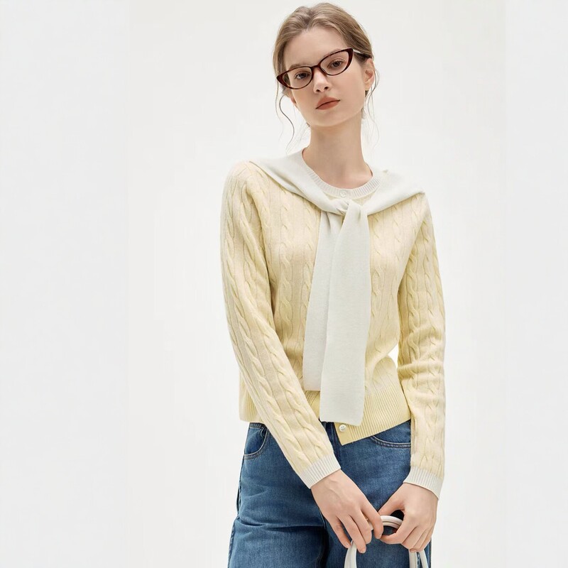 [怀旧学院] E Series French-Style Cable-Knit Merino Wool Cardigan for Women, 2026 Spring New Style with Bow Tie Collar Sweater