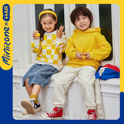 【HAR設計師聯名款】minizone兒童裝衛衣2022棋盤格秋裝上衣圓領