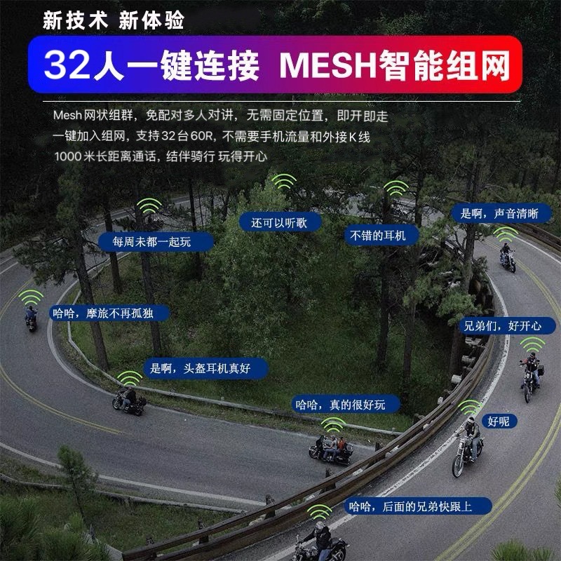 32-Person Intercom Motorcycle Helmet Bluetooth Headset 60R One-Touch Networking Dedicated for Riding Waterproof Headset Bluetooth 5.1