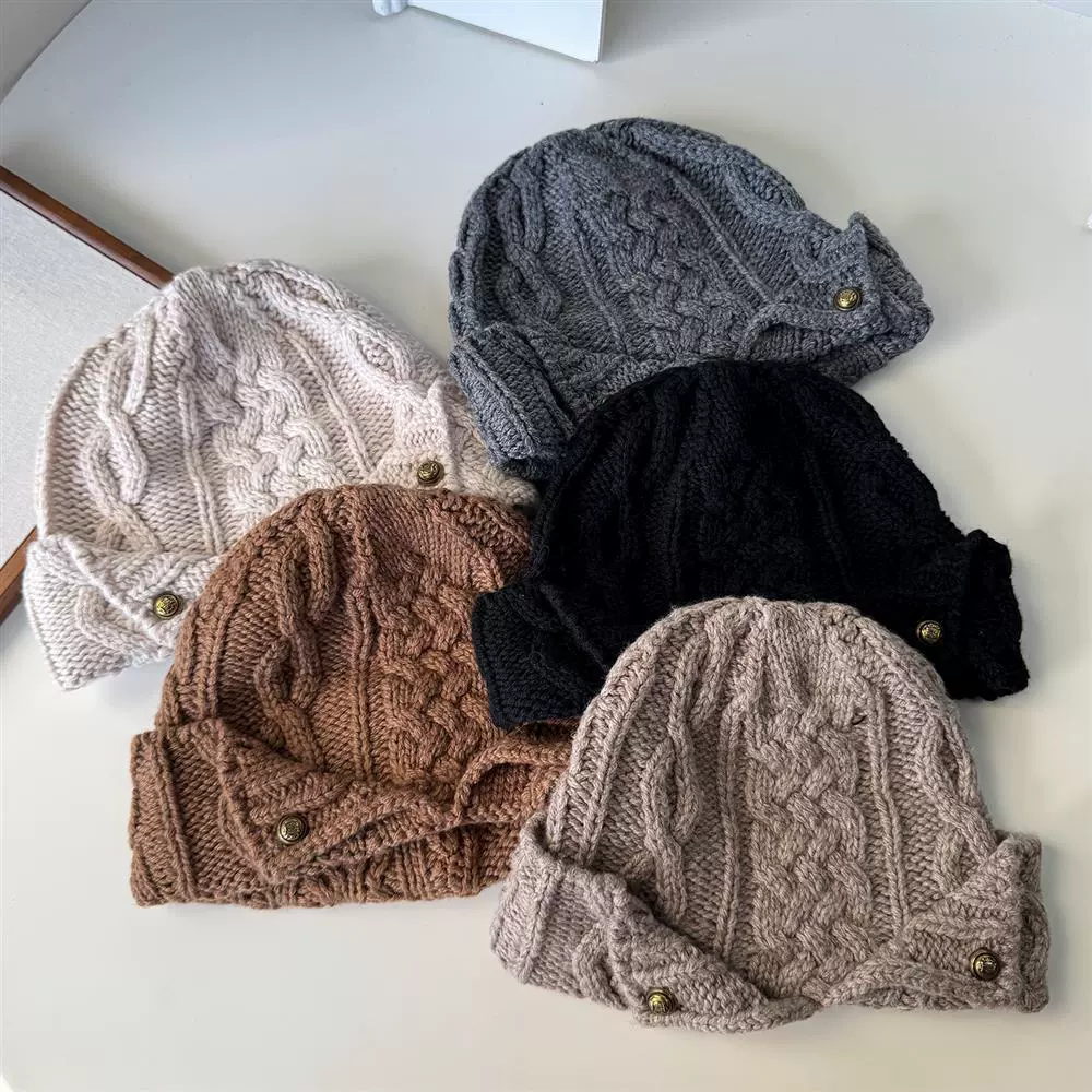 成人帽韩款软糯保暖麻花堆堆帽女秋冬加厚显脸小卷边护耳包头帽