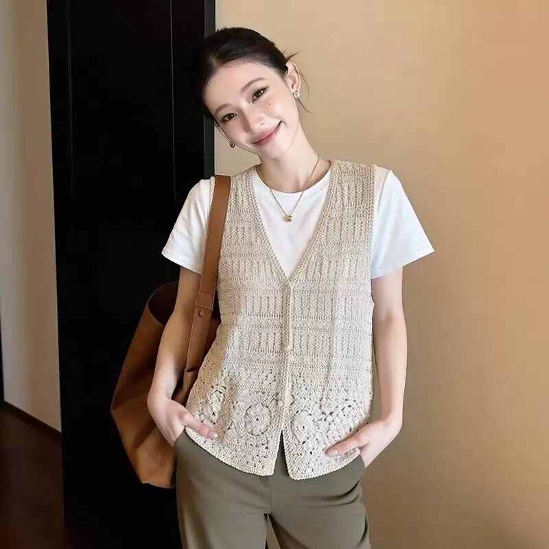 Spring and Summer New Style Hook-And-Loop Hollow-Out Knitted Cardigan Vest, Fashionable and High-End, Simple Style, Loose Sleeveless Top for Women
