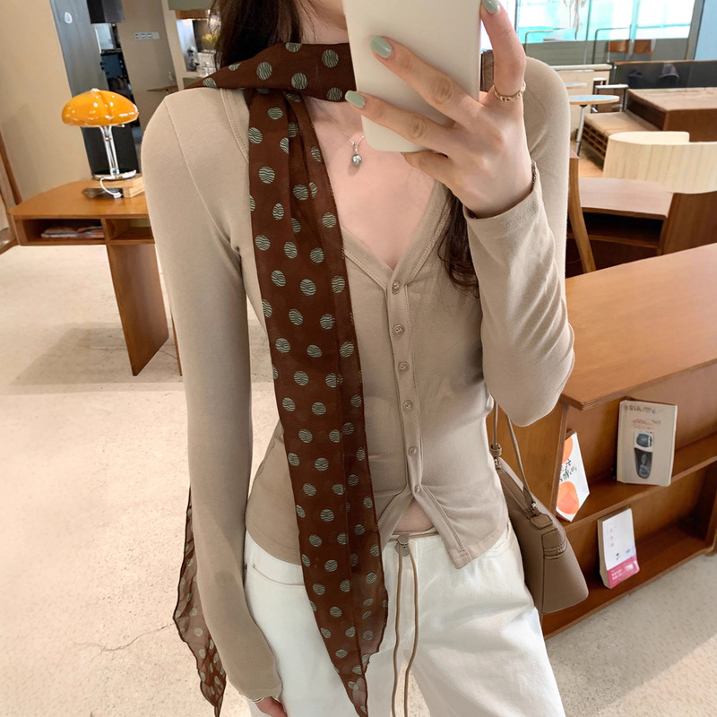 Pure Desire Waist Slimming Button V-Neck Long-Sleeved Simple Bottoming Shirt Outer Wear T-Shirt Women's Slim Inner Top