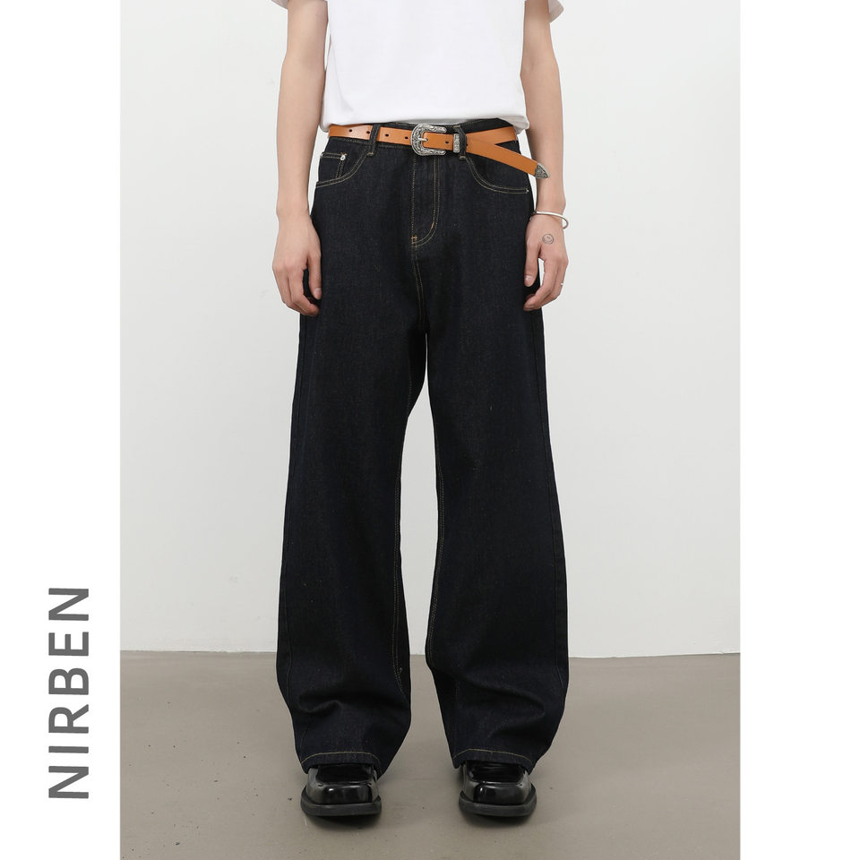 Quần jean nam ống rộng lưng giữa form suông thoải mái phong cách cơ bản — Denim đen, màu xanh denim