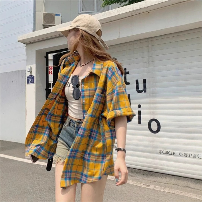Retro Yellow Plaid Short-Sleeved Shirt for Women Summer Design Mid-Length Loose Lazy Style Casual Shirt Wholesale Retro Yellow Plaid Short-Sleeved Shirt for Women Summer Design Mid-Length Loose Lazy Style Casual Shirt Wholesale
