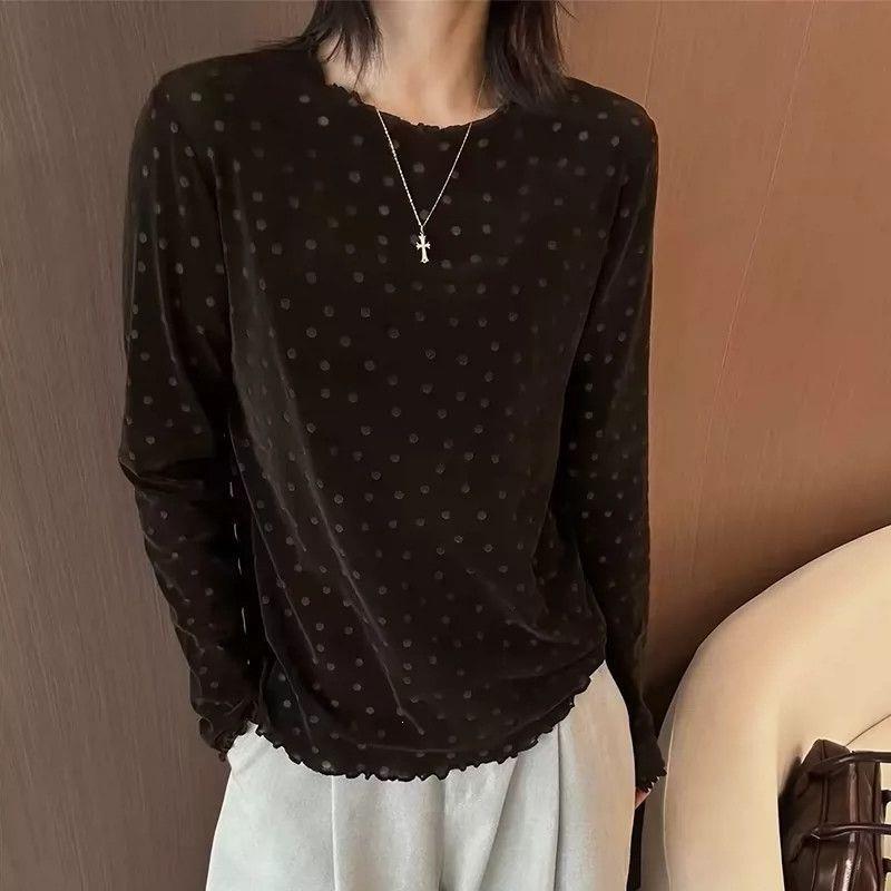 Velvet long-sleeved T-shirt for women, 2026 summer new Korean style polka dot design, youthful and stylish, versatile and slimming top Velvet long-sleeved T-shirt for women, 2026 summer new Korean style polka dot design, youthful and stylish, versatile and slimming top