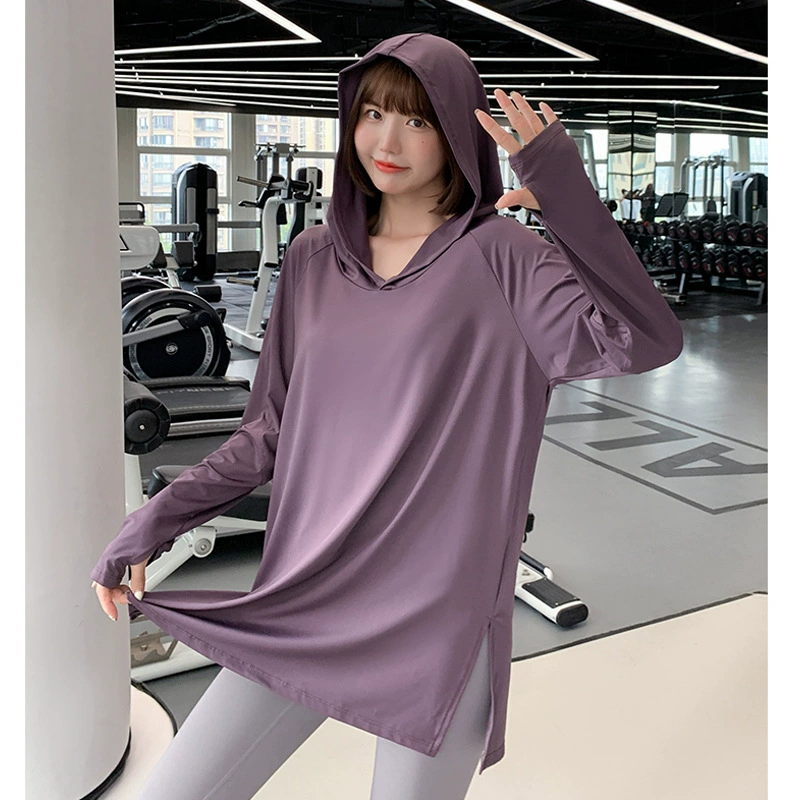 Весенне-осенняя Спортивная быстросохнущая футболка Женская одежда для йоги Топ Женская Свободная блузка с длинными рукавами и капюшоном Одежда для бега и тренировок Одежда для фитнеса