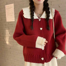 新年红色毛衣女冬季2024年新款慵懒风宽松娃娃领撞色针织开衫上衣