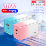 印30W USB+PD充电墙适配器 发光LED 欧规美规英规旅行充电头