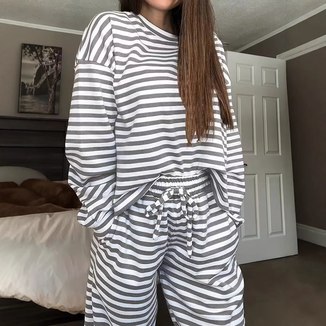 Women's Clothing Popular Striped Long-sleeved Top High-waisted Trousers Women's Fashion Casual Suit_ecoleips.com
