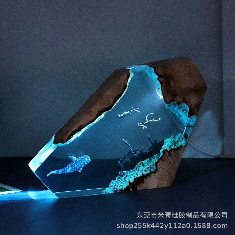 家庭装飾品寝室オフィスデスクトップ沈船サメクジラ海洋芸術置物プレゼント実木樹脂ナイトライト