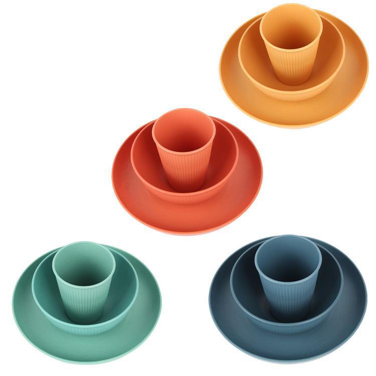 Amazon Hot Sale Wheat Straw Bowl Cup Plate Tableware Set Household Rice Cup Cross-border Gift Set Wholesale