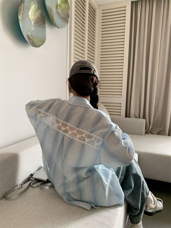Blue Striped Long-Sleeved Shirt for Women, High-End, Light Luxury, Age-Reducing Wear, Western-Style Lace Splicing Chiffon Shirt Top