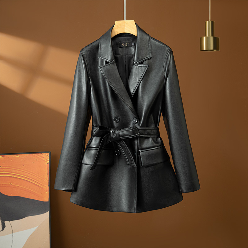 2025 New Autumn Loose Sheepskin Leather Jacket for Women, Slim Genuine Leather Blazer, Commuter Coat, Mid-Length