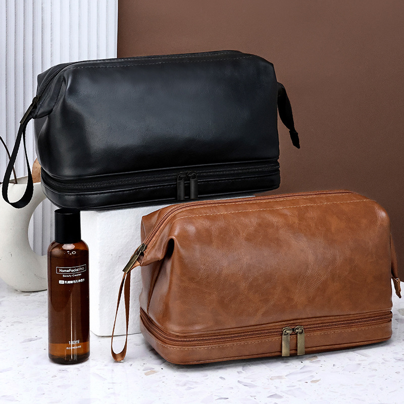 Bolsa de almacenamiento, bolsa de lavado, nueva PU de alto valor, cosméticos portátiles para hombres, doble capa, estilo británico, gran capacidad y portátil