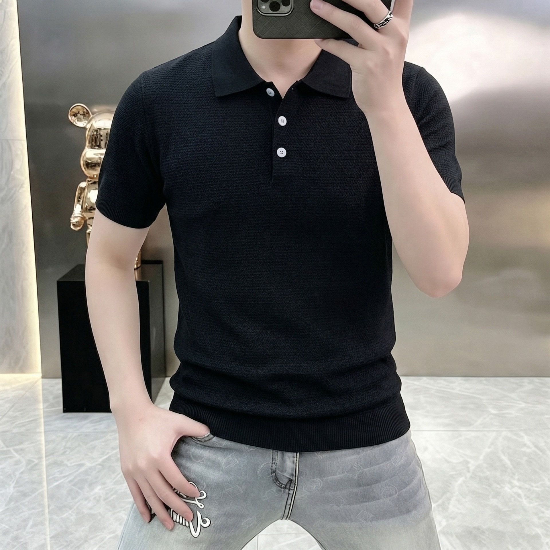 Polo camiseta de punto camiseta de manga corta camiseta de hombre con solapa viejo estilo de negocios texturas de hielo verano fábrica transfronteriza al por mayor