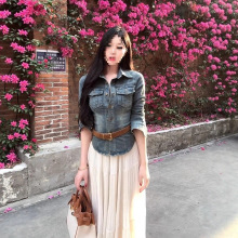 胖MM大码蓝色polo领牛仔衬衫春季高级感收腰修身显外套上衣女装