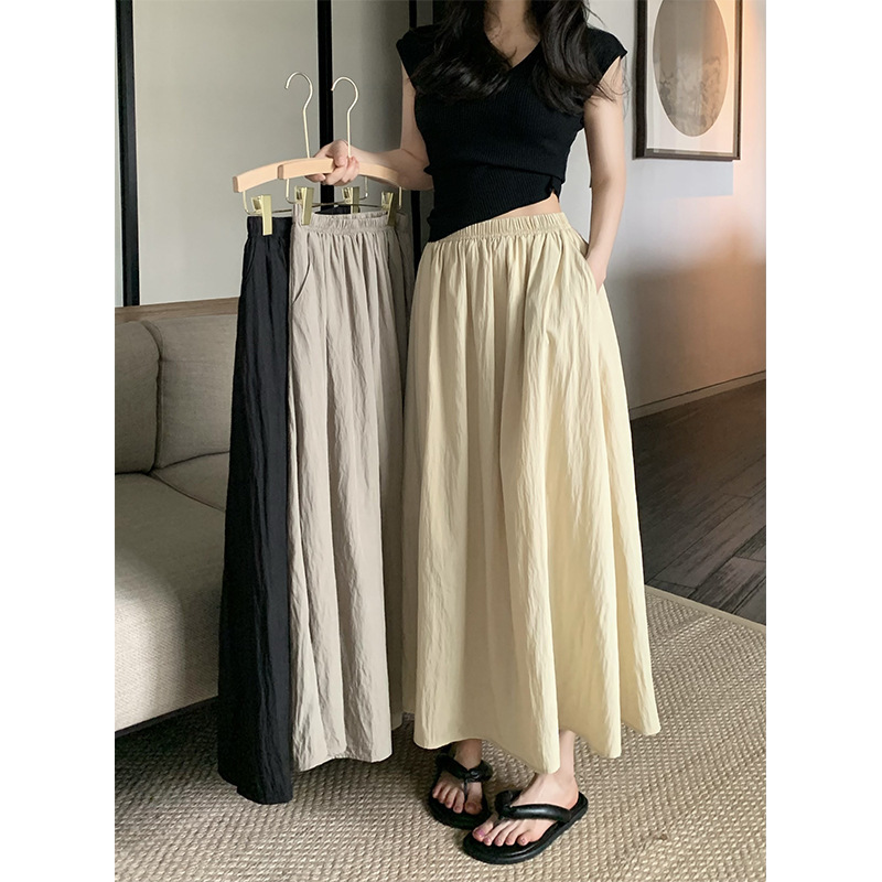 Pleated Mid-Length Skirt for Women, Summer 2025 New Style, Retro High-Waisted Slimming Elastic Waist A-Line Skirt, Umbrella Skirt