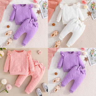 European and American Spring & Fall New Baby Girl's Flying Long-Sleeved Top + Bow Pants Two-Piece Fashion Casual Suit