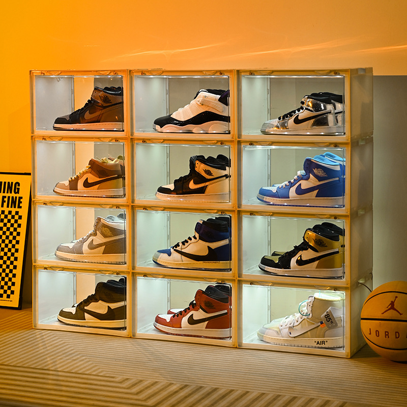 Caja de zapatos luminosa controlada por voz caja de almacenamiento de zapatillas transparentes caja de zapatos AJ caja de zapatos de plástico gabinete de zapatos zapatero caja de zapatos de baloncesto