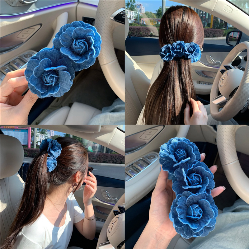 フレンチレトロデニムブルーフラワーバナナクリップレディースヘアピンヘアピン後頭部大型サメクリップトップクリップ|undefined