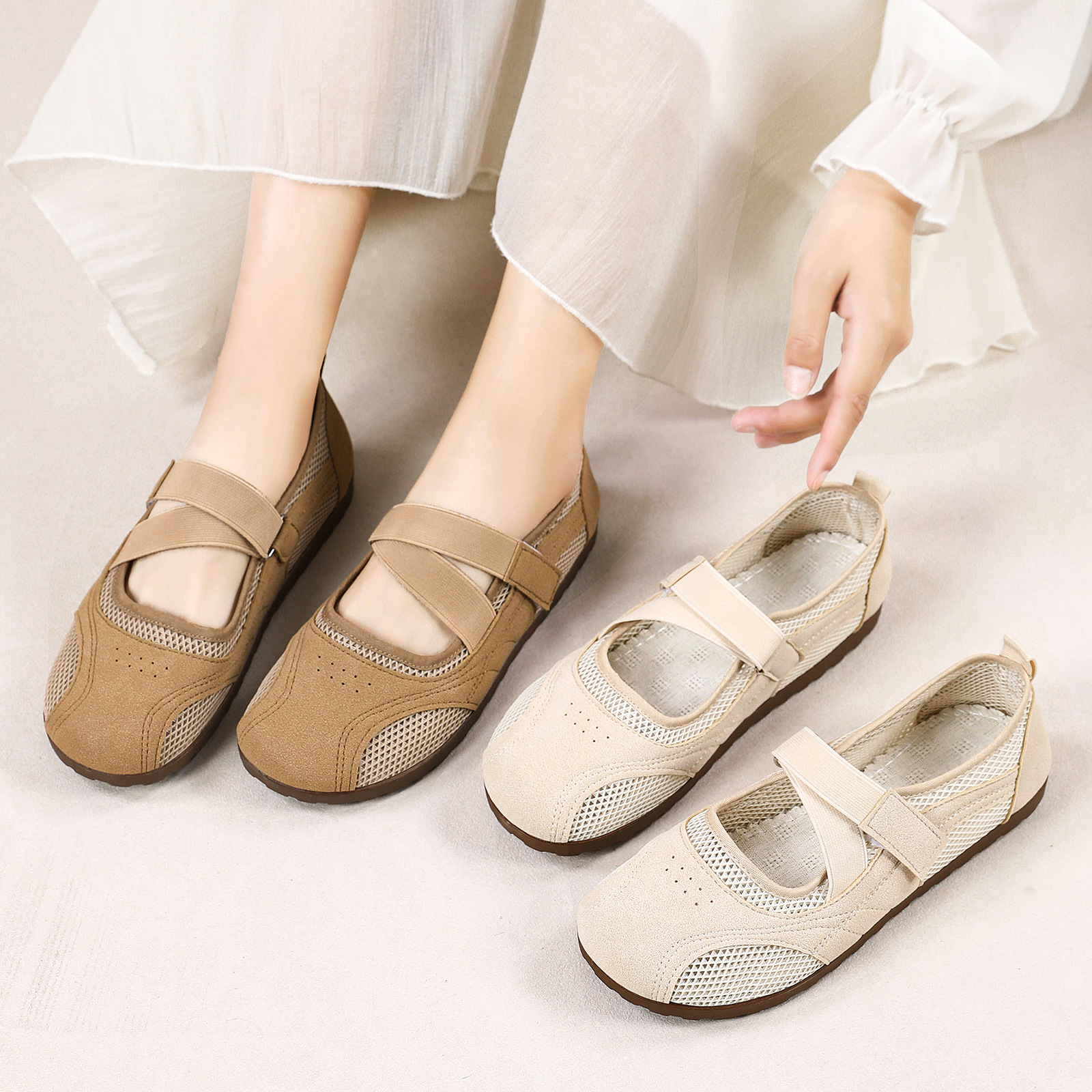 Zapatos de mujer de verano 2026 nuevos zapatos de malla agujerados velcro plano zapatos de calzado casual de mujer