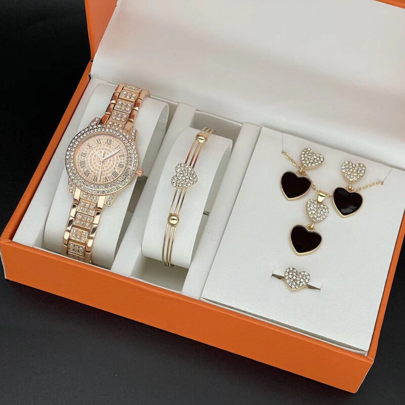 Cross-border fashion 6 pcs/set ladies watch full diamond non-scale bracelet quartz watch love jewelry suit