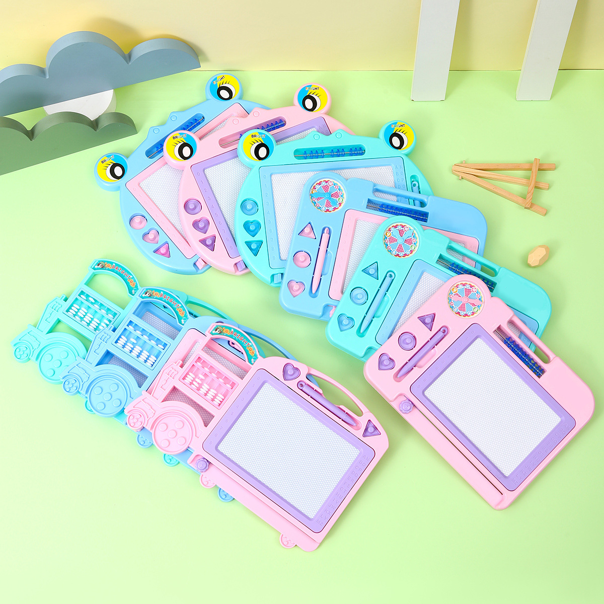 Tablero de dibujo magnético para niños, pequeño ábaco de rana, sello geométrico, tablero de graffiti, tablero de escritura magnético, juguete educativo