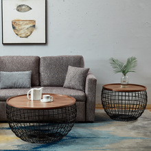 意式极简铁艺圆型客厅茶几网红轻奢原木色艺术多功能收纳沙发边几