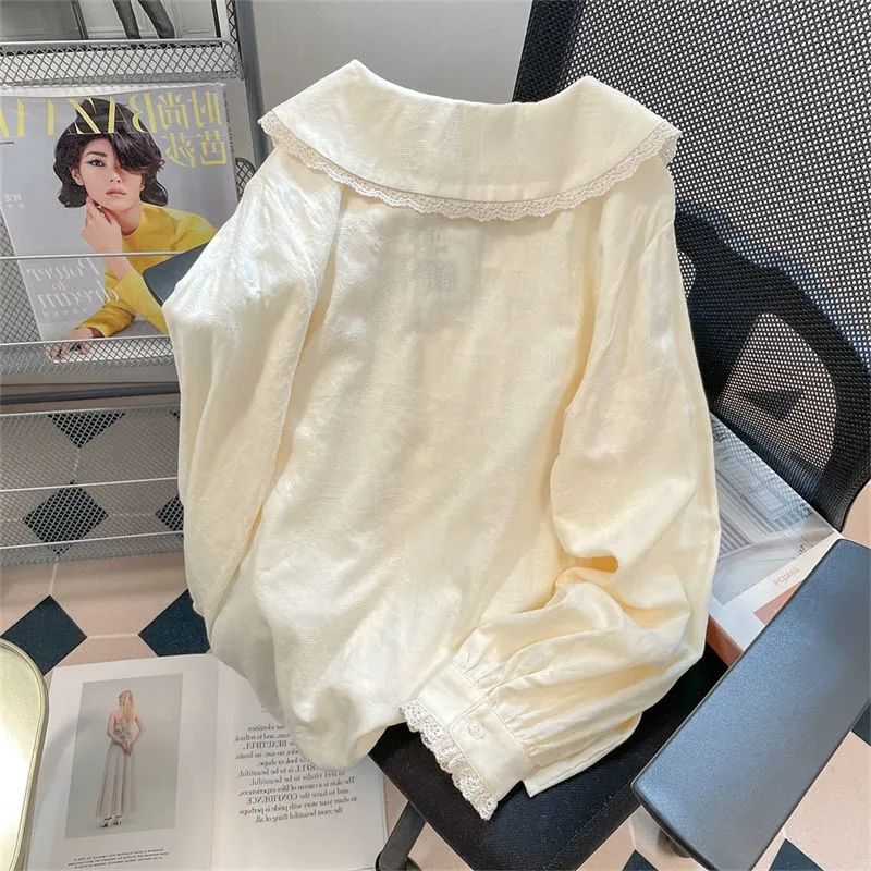 法式甜美小众娃娃领花边长袖衬衫女秋季小个子慵懒风内搭上衣|undefined