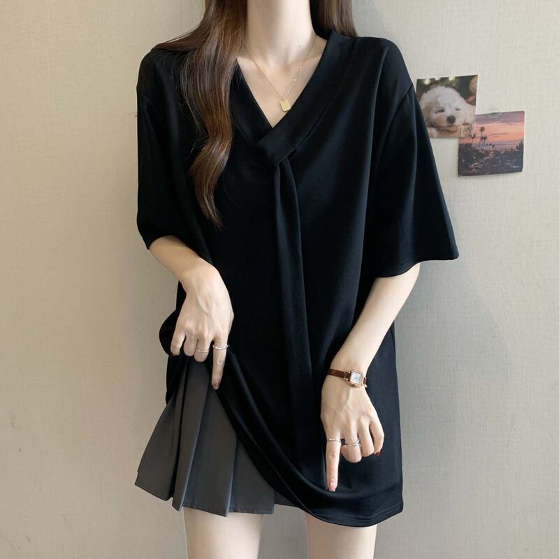 Plus-Size Stylish Tie V-Neck Short-Sleeve T-Shirt for Women, Summer 2026 New Style, Loose Fit, Slimming, Covers the Body, Fashionable Top for Women Plus-Size Stylish Tie V-Neck Short-Sleeve T-Shirt for Women, Summer 2026 New Style, Loose Fit, Slimming, Covers the Body, Fashionable Top for Women