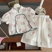 女童古风套装夏季短袖上衣+短裤小女孩度假出游两件套装包邮