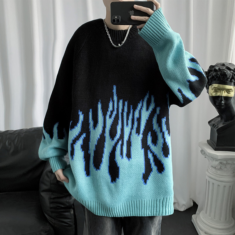 Blue hip hop Korean style trendy personalized Harajuku style couple sweater sweater loose winter flame sweater for men and women