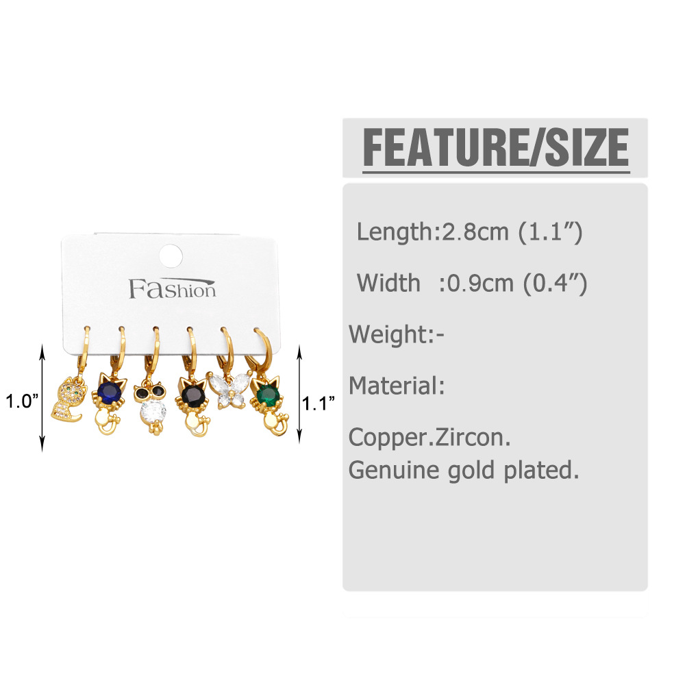Fashion Cat Butterfly Copper Drop Earrings Inlay Zircon Copper Earrings 6 Pieces