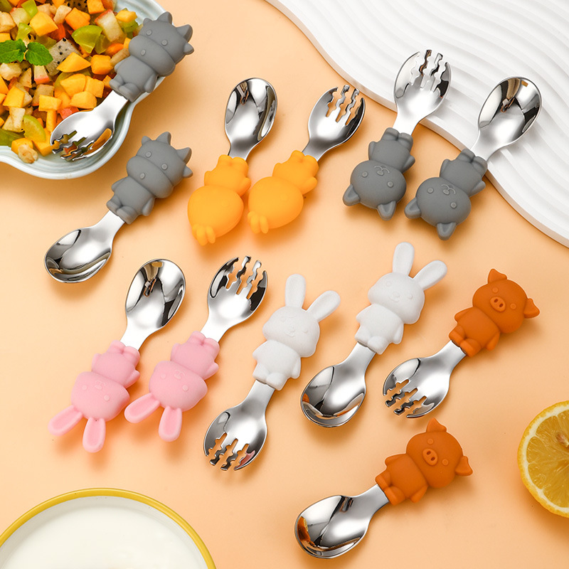 Baby stainless steel round handle fork spoon set training food supplement spoon children's tableware silicone short handle lengthened fork spoon cross-border