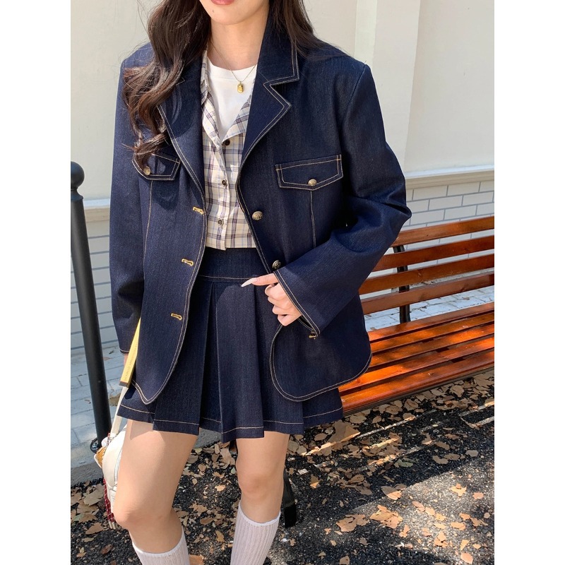3Th Morning Deana College Color-Block Denim Blazer and Skirt Set Zy3379