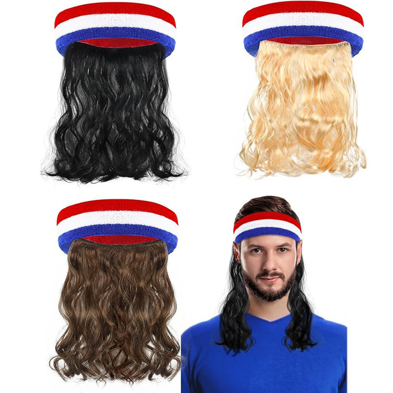 Amazon Hot Selling Black Fish Boys Red White Blue Headband 80S Punk Hippie Curly Hair Headband Wig