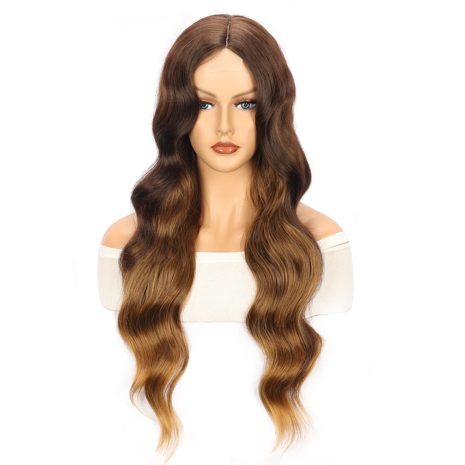 Amazon nuevo marrón onda grande largo rizo pelo de fibra química frente encaje señoras peluca pequeño en stock