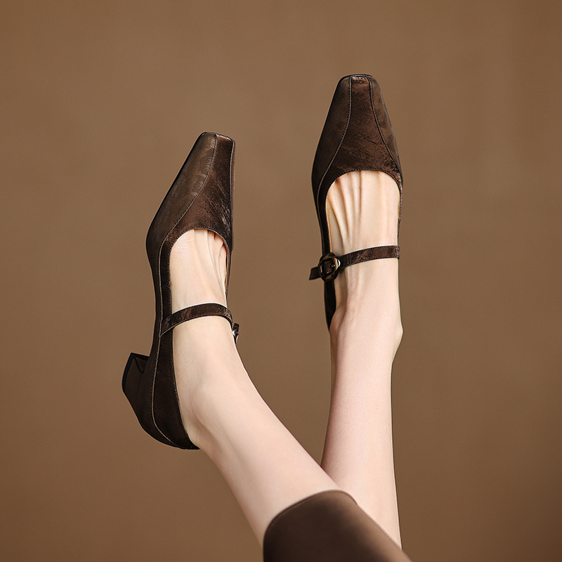 Cowhide Stitching Leopard Square Mid-thick Heel Shallow Mouth Single-layer Shoes Women's Spring and Autumn New 2025 One-word Buckle Belt Mary Jane Shoes