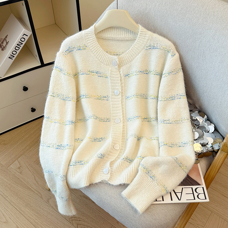 Invierno y otoño suéter fragrante color rayas dulces camisetas de punto para mujeres suaves cardigans versátiles chaqueta